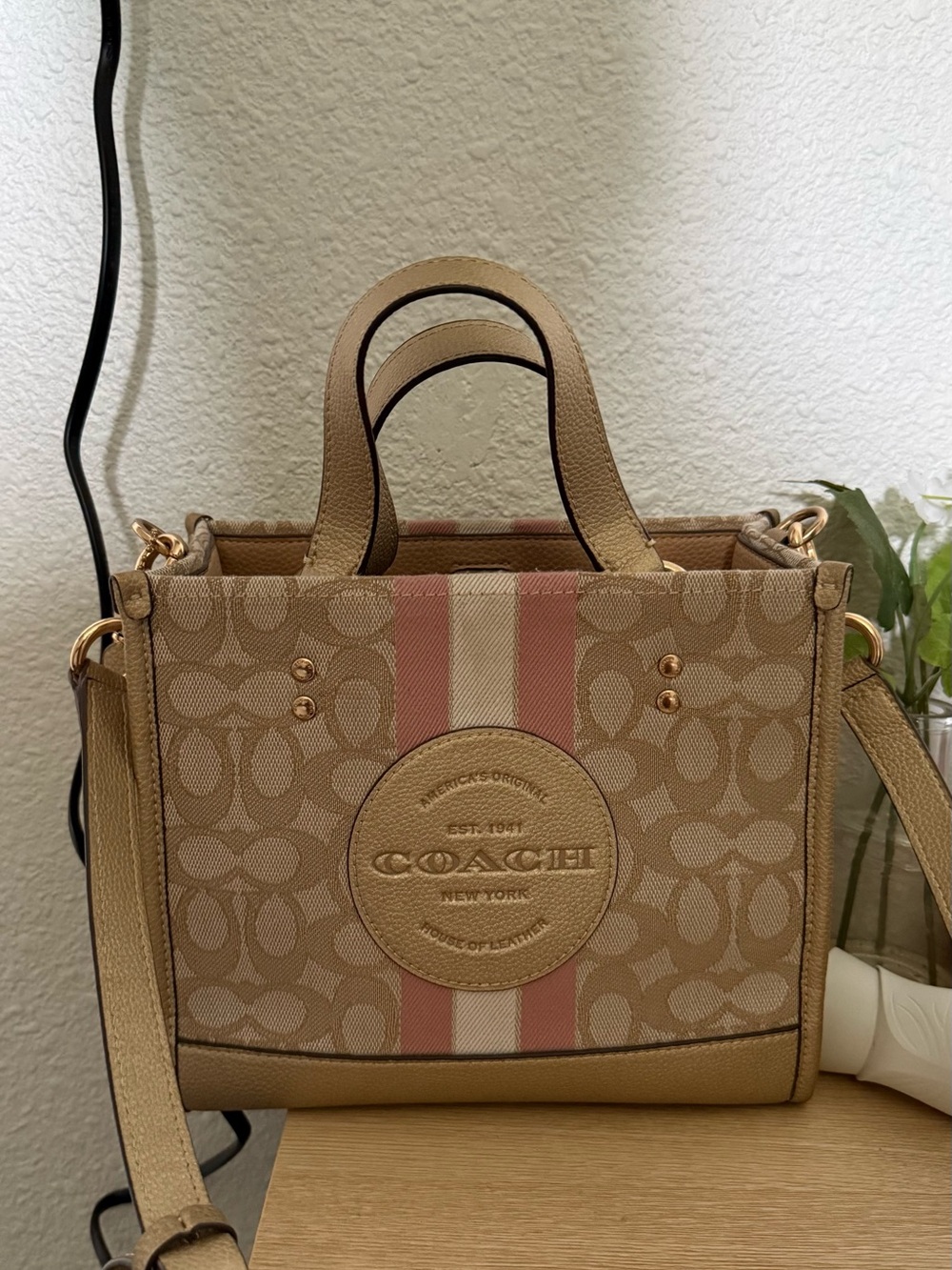 COACH Tan Signature Satchel with Pink and Cream Stripe - Picture 2 of 3